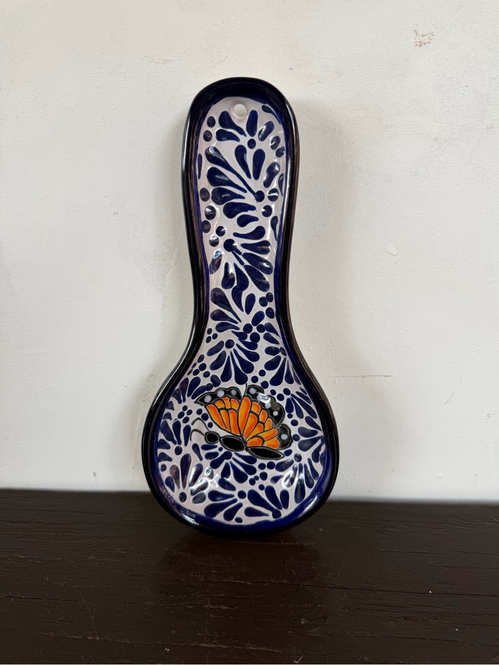 Handcrafted Blue and White Talavera  Spoon Rest with Butterfly